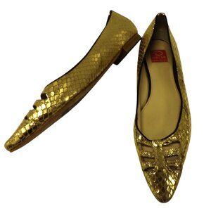 Oscar De La Renta Gold Snake Embossed Leather Flats 7.5M Womens Shoes
